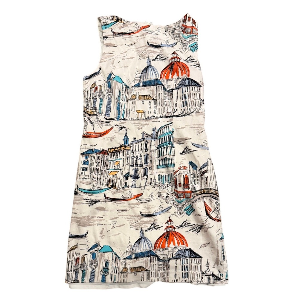 Leslie Fay Womens Venice Cityscape Novelty Print Shift Dress White Blue 16
